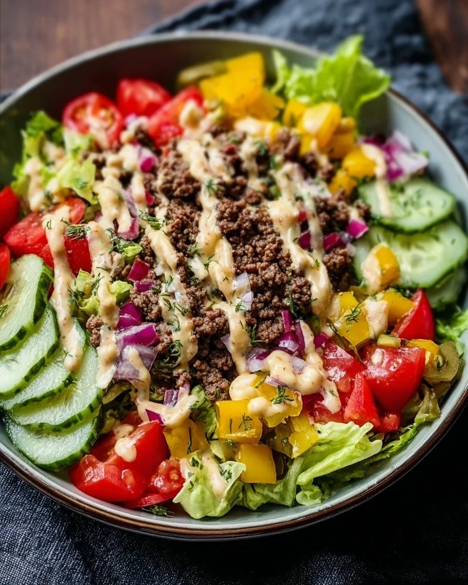Low-Carb Big Mac Salat mit frischem Gemüse und Dressing