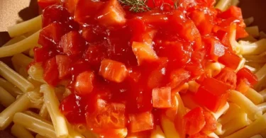 Leckere Makaroni mit frischer Tomatensauce auf einem Teller.
