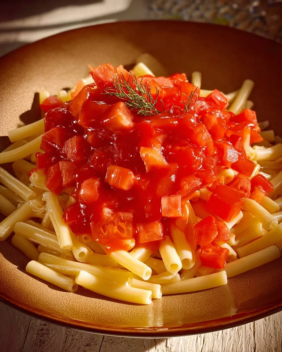 Leckere Makaroni mit frischer Tomatensauce auf einem Teller.