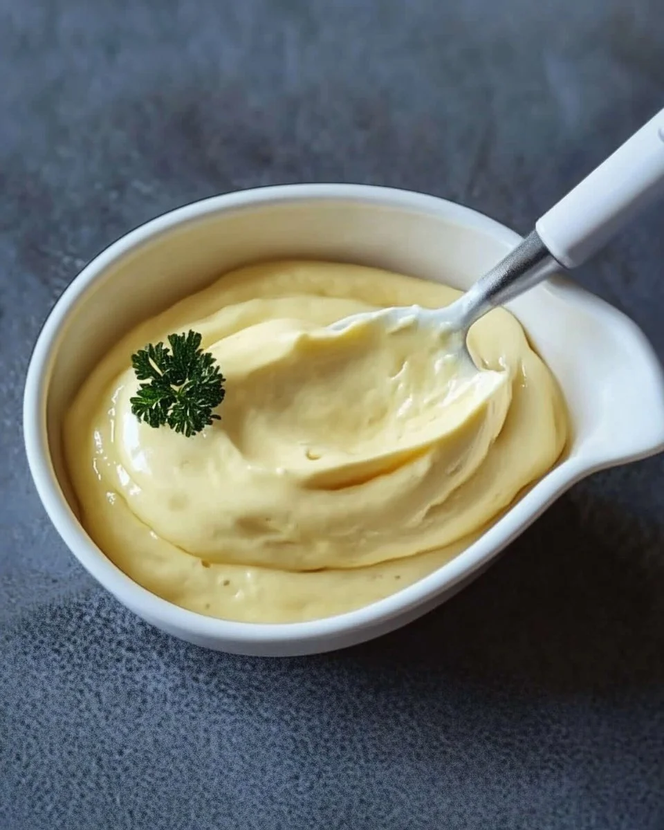 Hausgemachte Mayonnaise zubereitet mit einem Stabmixer