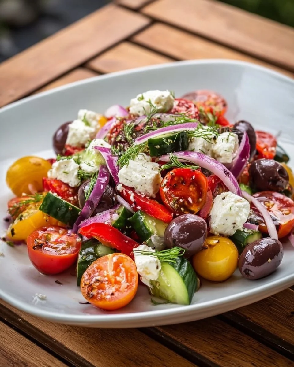 Mediterraner Salat für Grillpartys mit frischem Gemüse und Feta-Käse