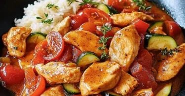 Mediterraner Wok mit buntem Gemüse und aromatischen Kräutern auf einem Tisch