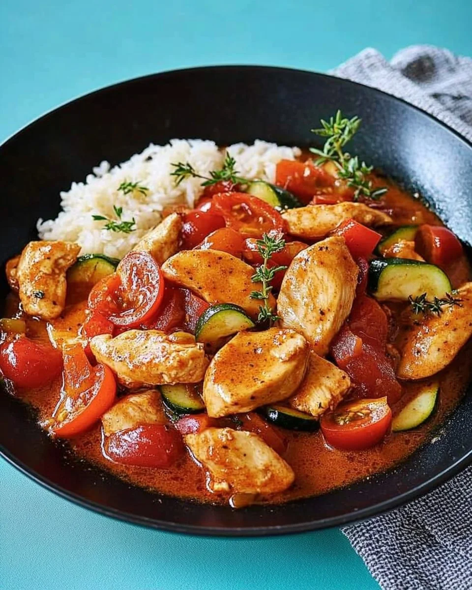 Mediterraner Wok mit buntem Gemüse und aromatischen Kräutern auf einem Tisch