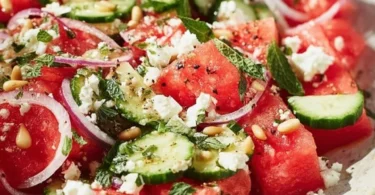 Erfrischender Melonen-Feta-Salat mit süßen Melonenstücken und Feta-Käse