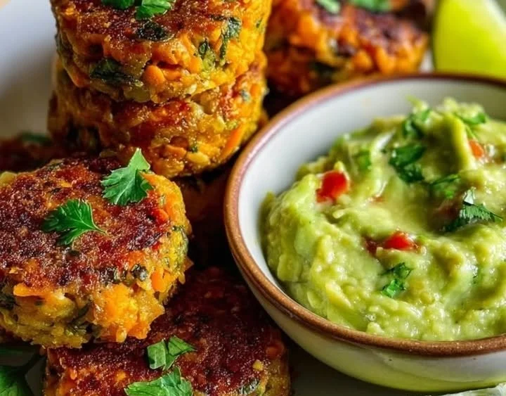 Mini Sweet Potato Patties mit Avocado-Koriander-Dip auf einem Teller