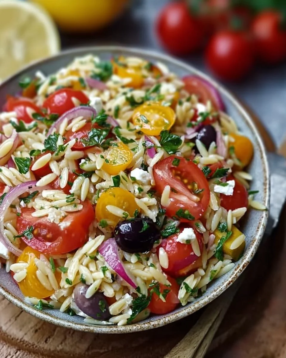 Mittelmeer Orzo Salat mit frischem Gemüse und Olivenöl