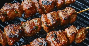 Gegrillte Moorish Meat Skewers auf einem Tisch, appetitlich angerichtet.