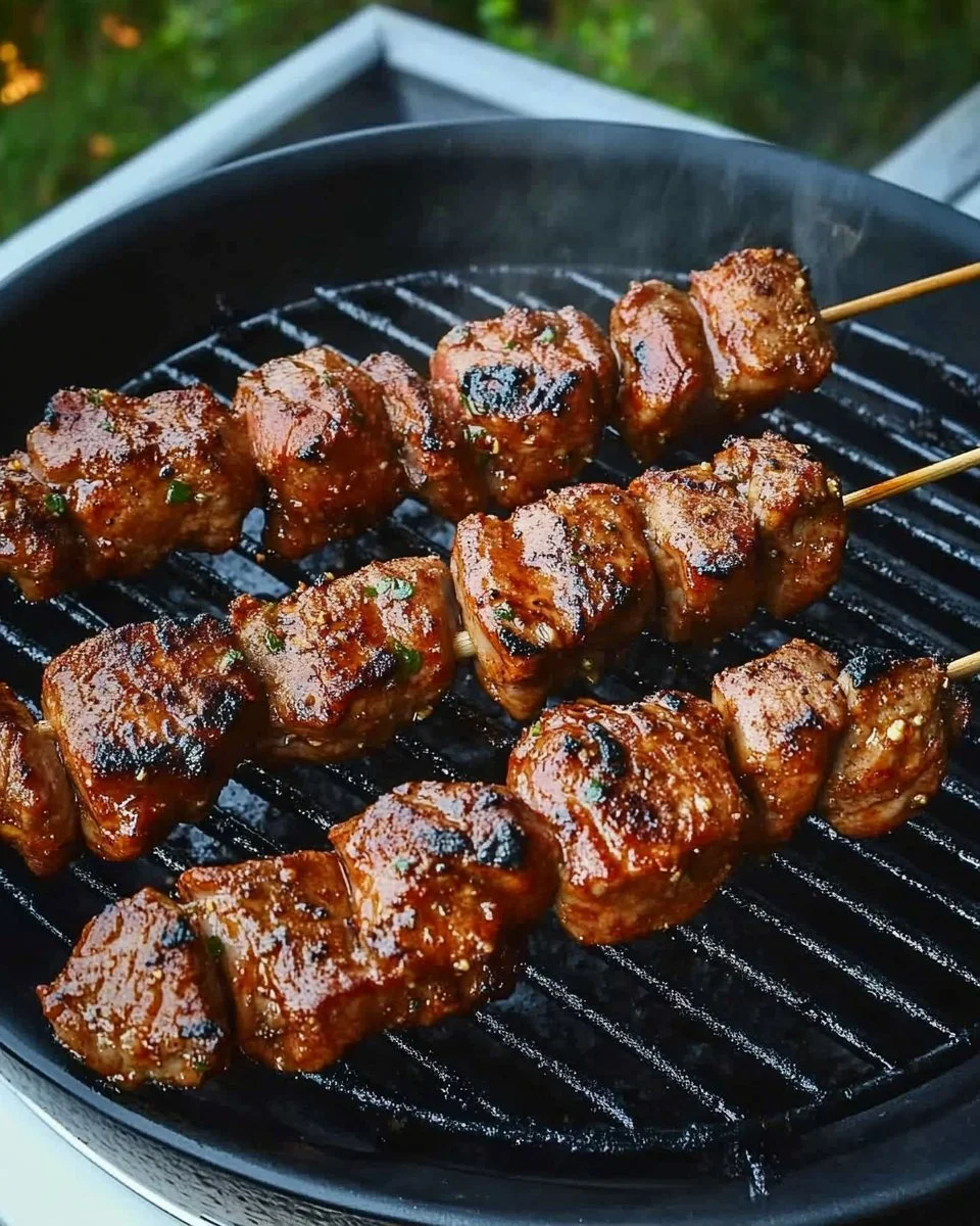 Gegrillte Moorish Meat Skewers auf einem Tisch, appetitlich angerichtet.