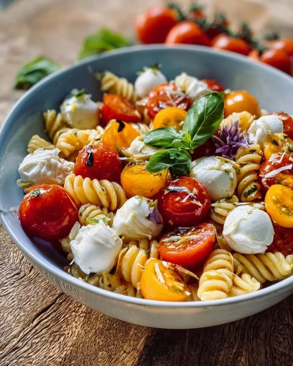 Nudelsalat mit Mozzarella und Kirschtomaten in einer bunten Schüssel serviert.