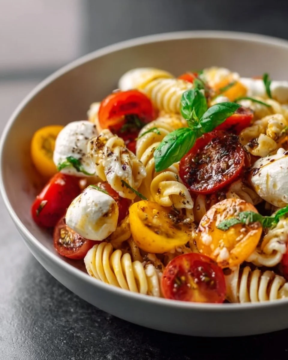Leckerer Nudelsalat mit Mozzarella und Kirschtomaten auf einem Teller