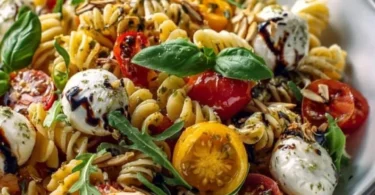 Nudelsalat mit Mozzarella und Kirschtomaten in einer Schüssel