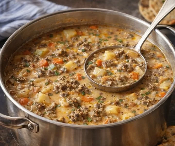Schüssel mit Omis Hackfleischsuppe auf einem Holzuntergrund