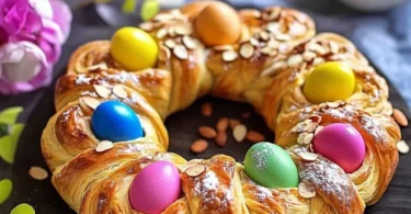 Bunte Osterkränze dekoriert mit Blumen und Eiern für das Fest