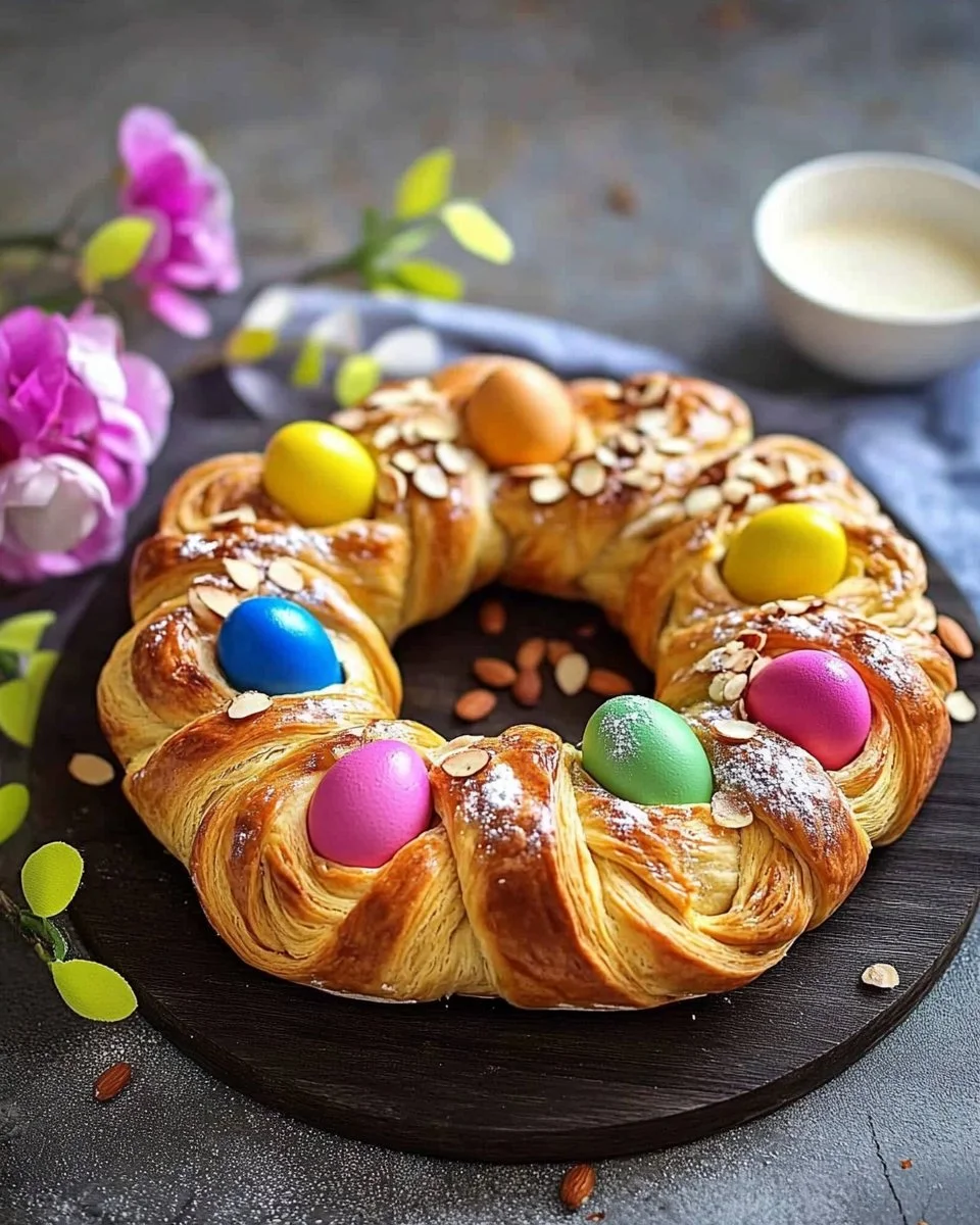 Bunte Osterkränze dekoriert mit Blumen und Eiern für das Fest