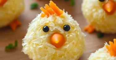 Festliche Osterküken aus Frischkäse auf einem bunten Teller