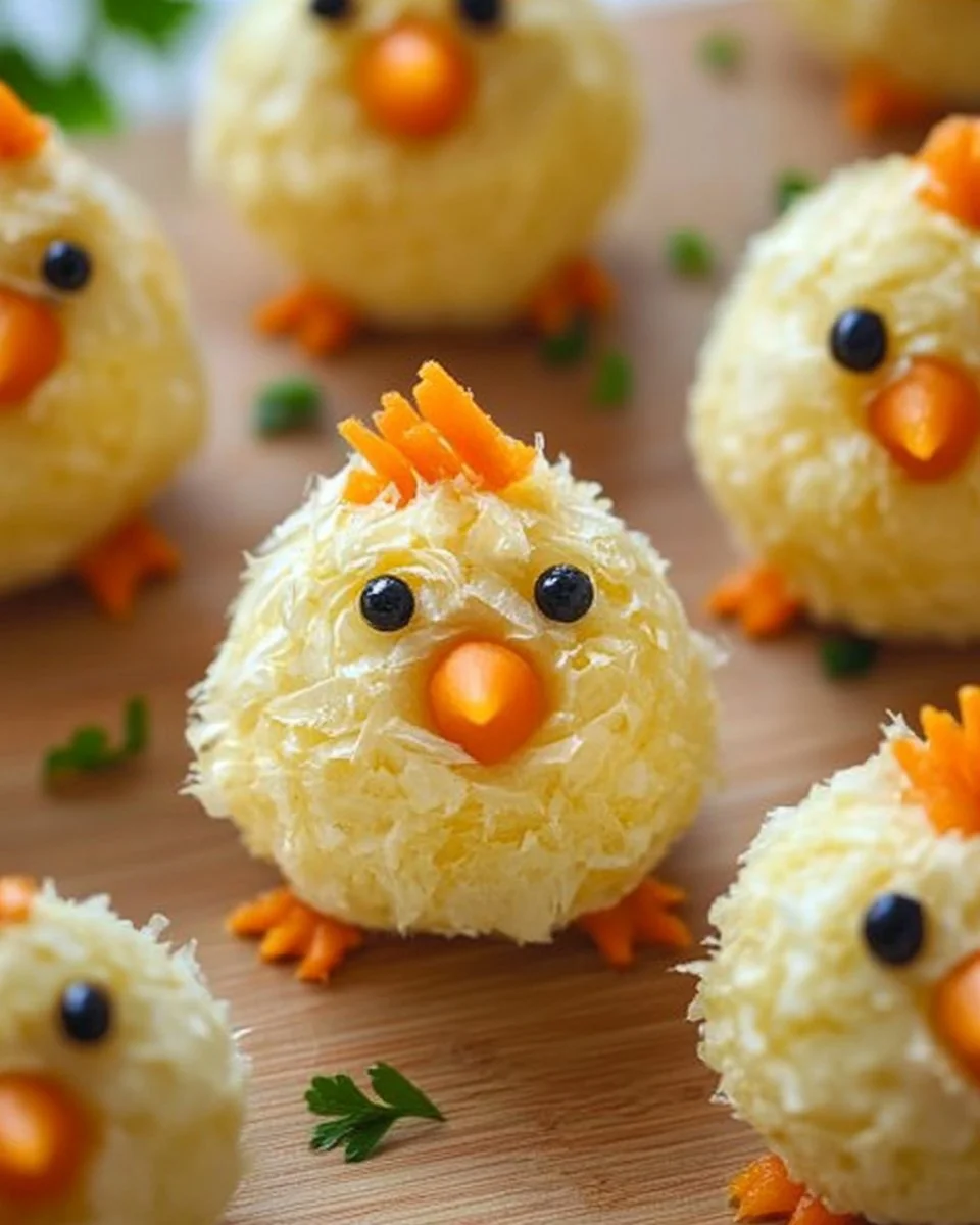 Festliche Osterküken aus Frischkäse auf einem bunten Teller