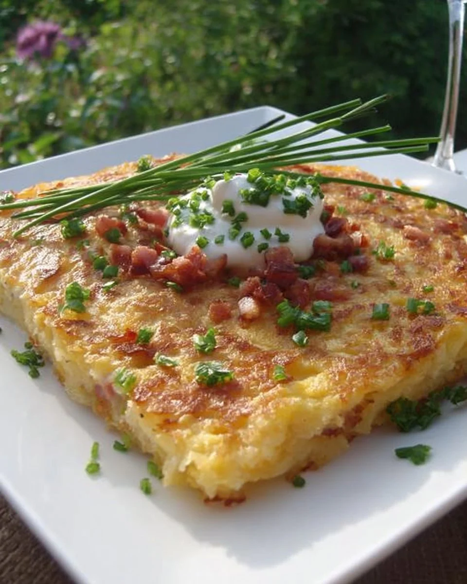 Ofen-Kartoffelpuffer mit gewürfeltem Schinken auf einem Teller angerichtet.