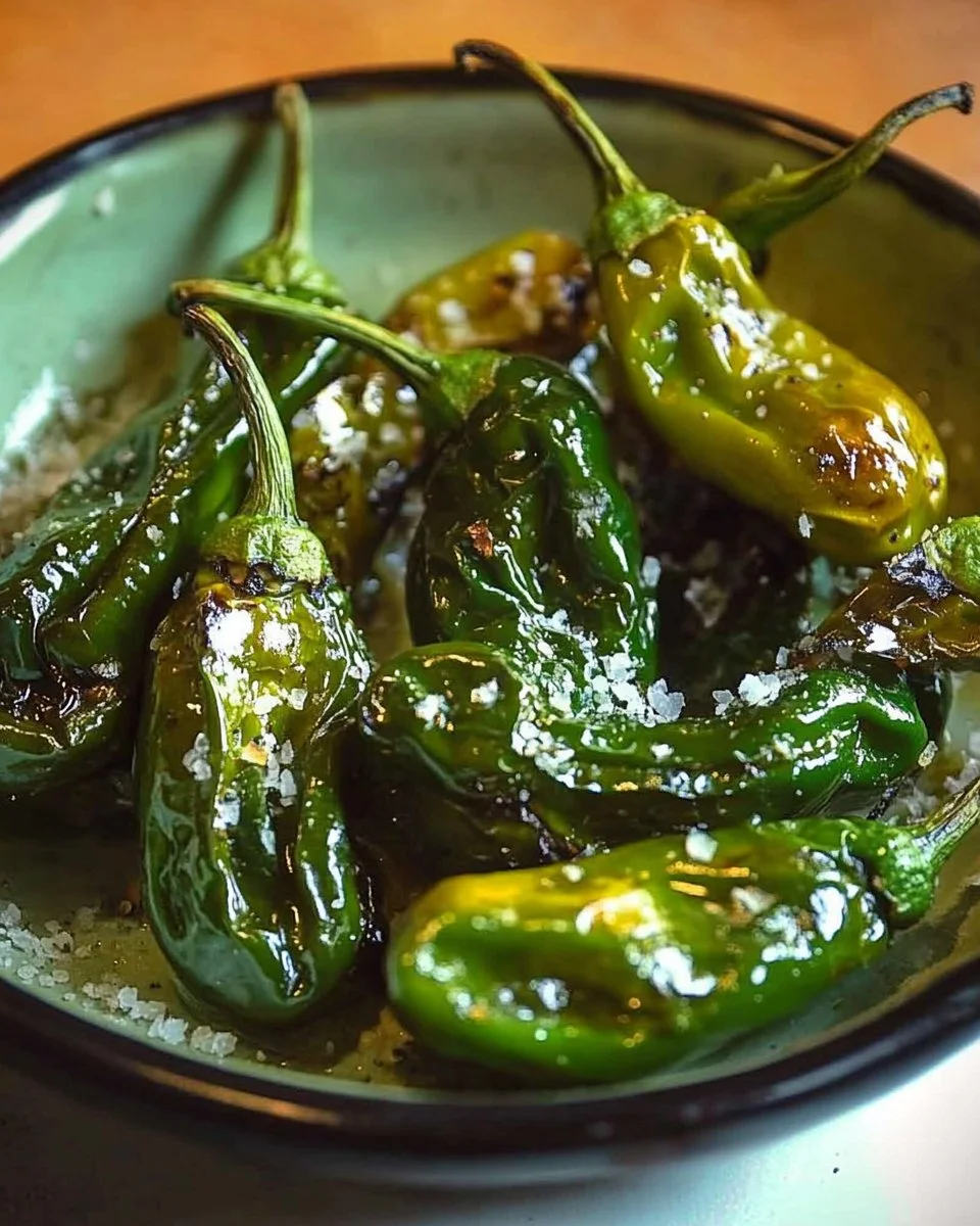 Padron-Paprika mit Fleur de Sel auf einem Teller serviert