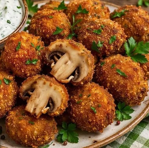 Knusprig panierte Champignons auf einem Teller angerichtet