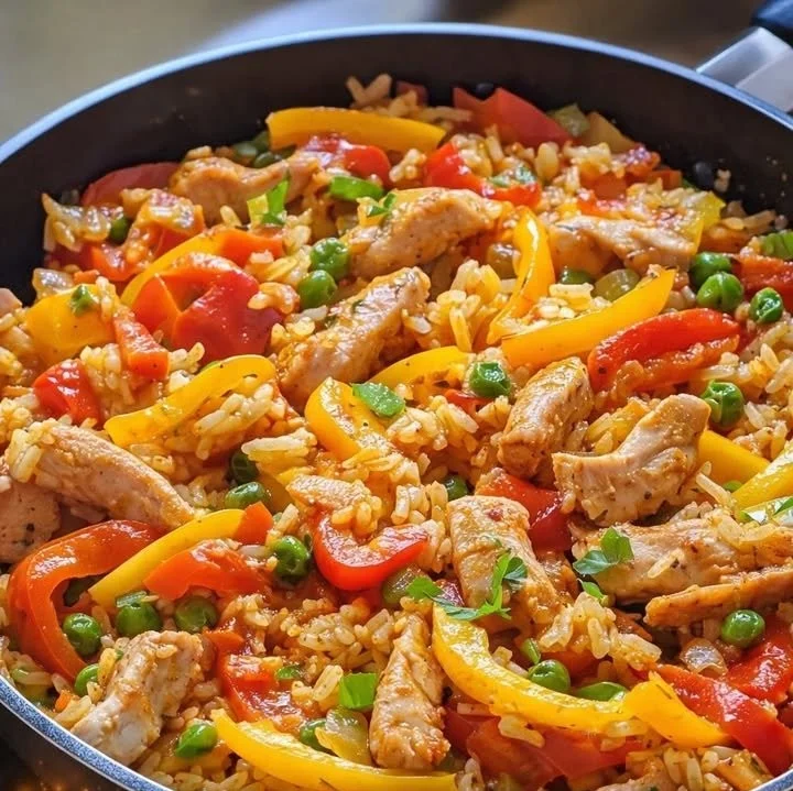 Paprika Reispfanne mit Hähnchen auf einem Teller angerichtet