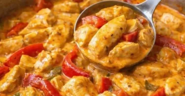 Paprika-Sahne-Hähnchen serviert mit frischen Kräutern und Beilagen