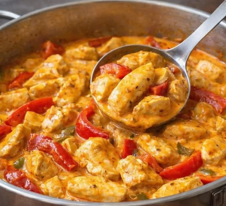Paprika-Sahne-Hähnchen serviert mit frischen Kräutern und Beilagen