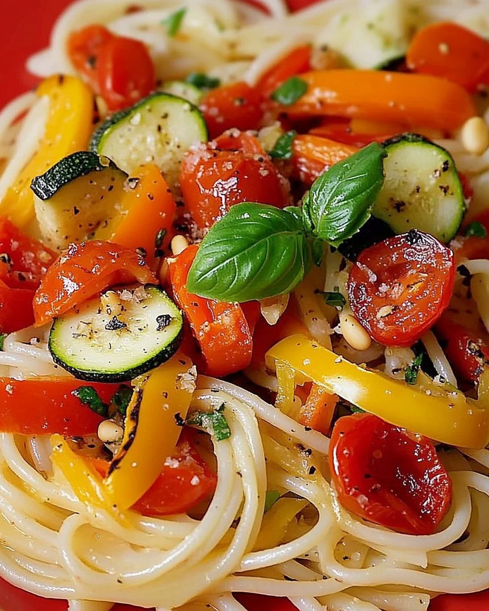 Pasta Salad mit gegrilltem Gemüse, frisch und appetitlich präsentiert.