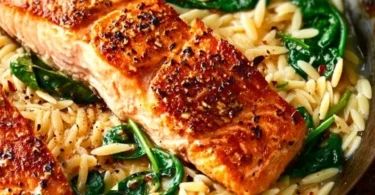 Pfannenlachs mit Zitronen-Orzo auf einem weißen Teller serviert