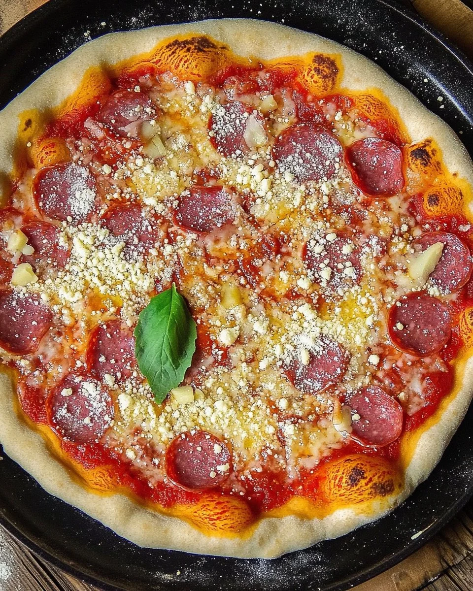 Leckere Pizza mit frischen Zutaten und köstlichen Belägen auf einem Holzbrett.