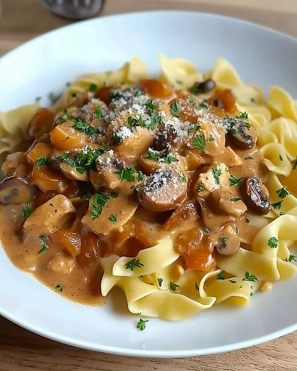 Puten-Sahne-Gulasch serviert auf Bandnudeln, ein leckeres Gericht