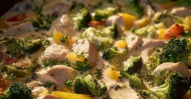 Putenfleisch mit frischem Gemüse und Reis auf einem Teller angerichtet.