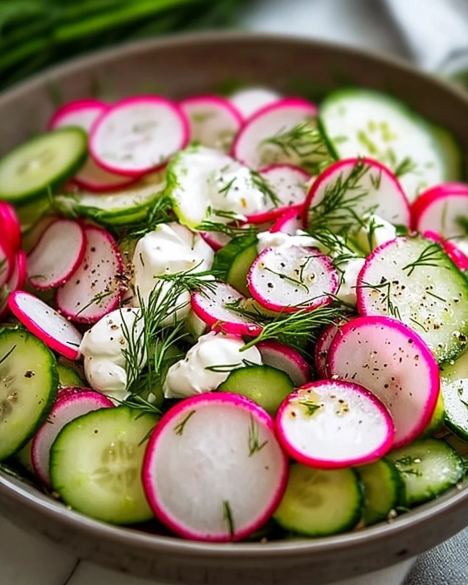 Radieschen-Gurken-Salat mit Dill in einer Schüssel