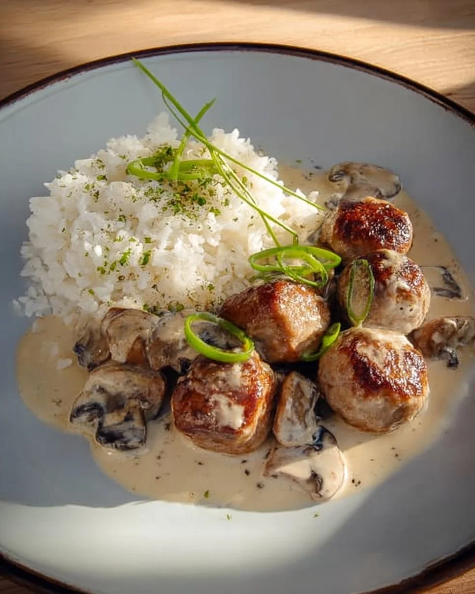 Reis-Pfanne mit Pilzen und grober Bratwurst auf einem Teller serviert