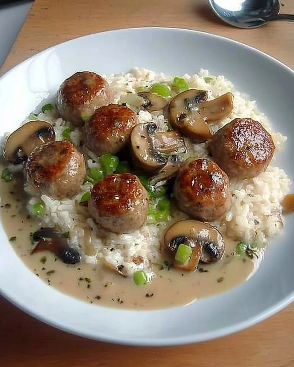 Reis-Pfanne mit Pilzen und grober Bratwurst