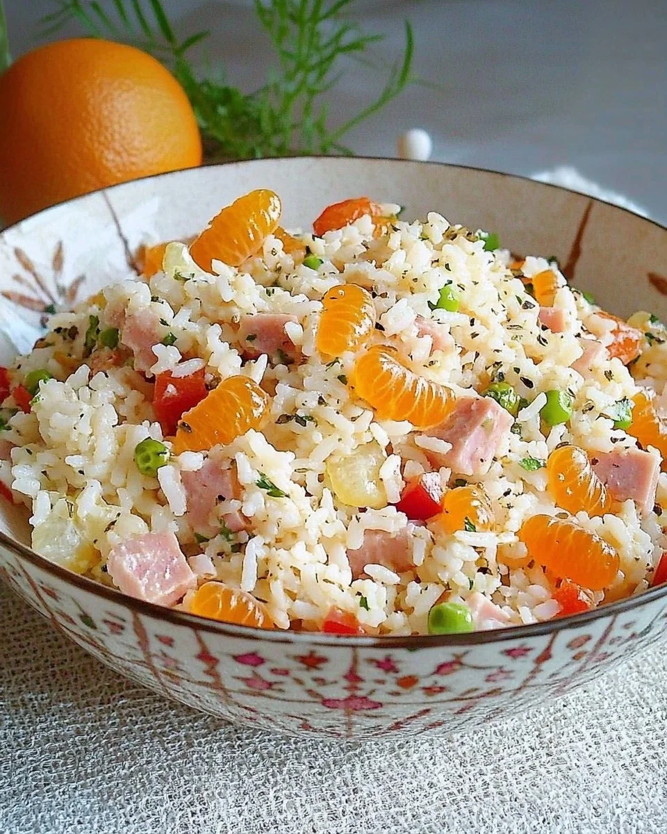 Reissalat mit Mandarinen und frischem Gemüse auf einem Teller.