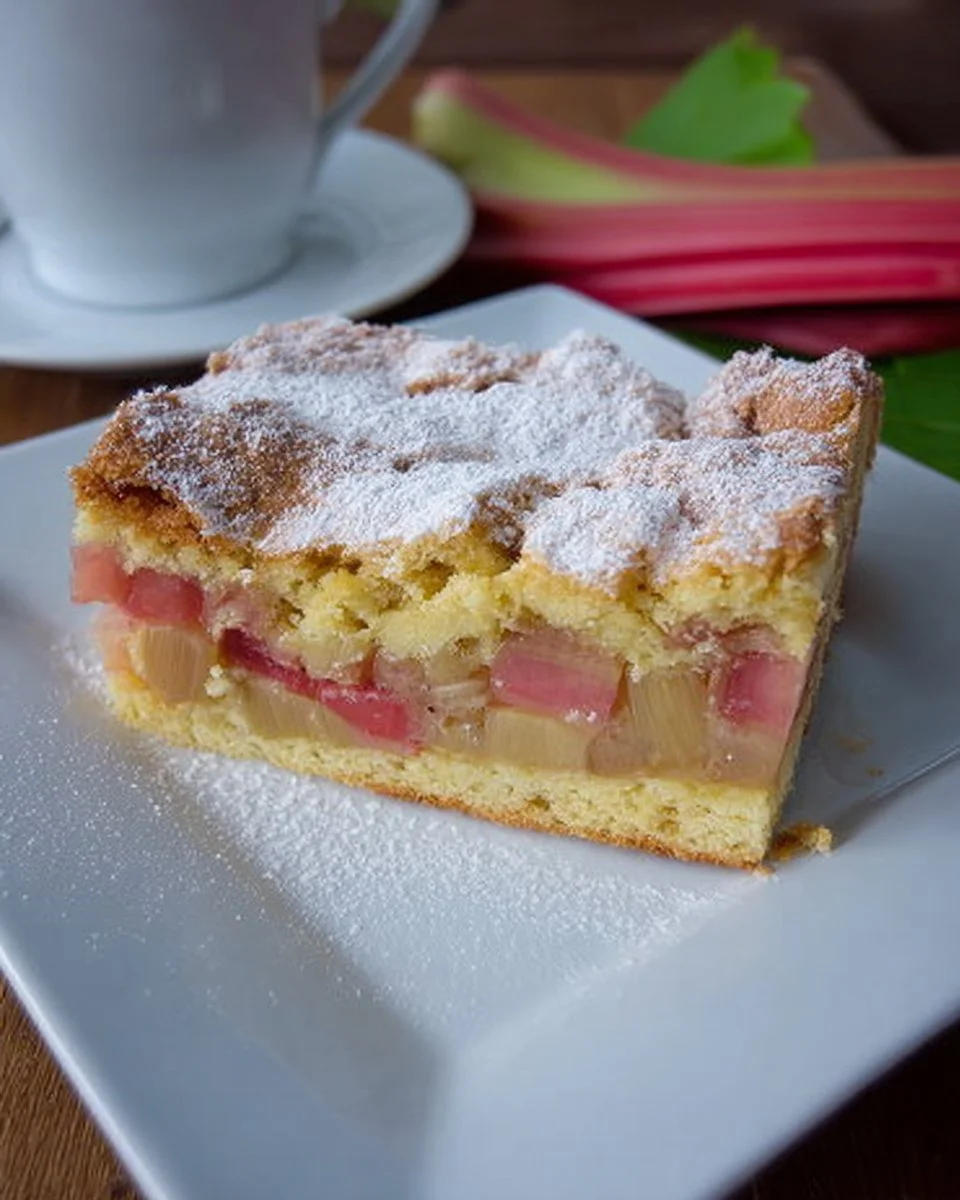 Saftiger Rhabarberkuchen auf einem Tisch serviert