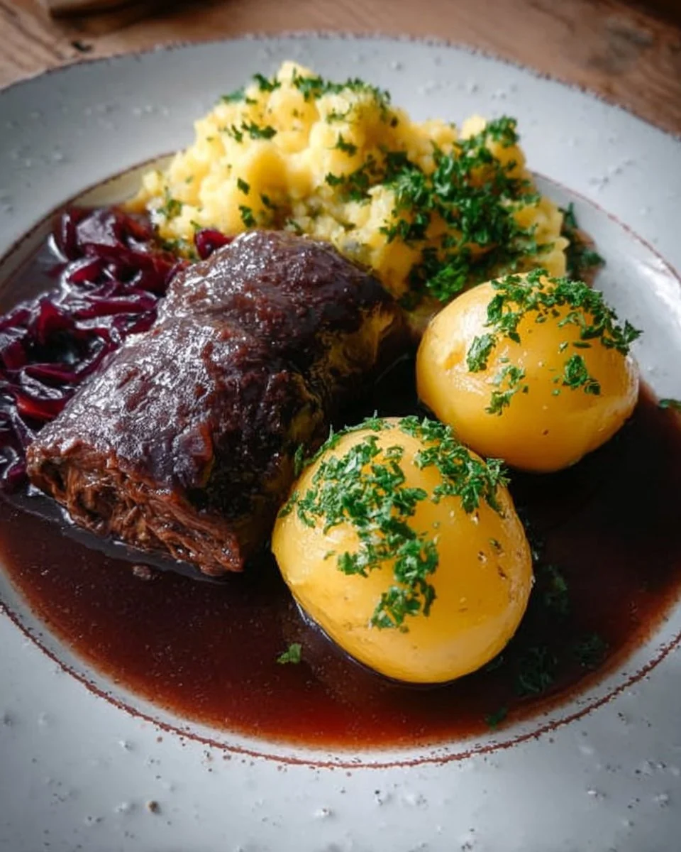 Delikate Rinderrouladen in Rotwein auf einem eleganten Teller serviert.