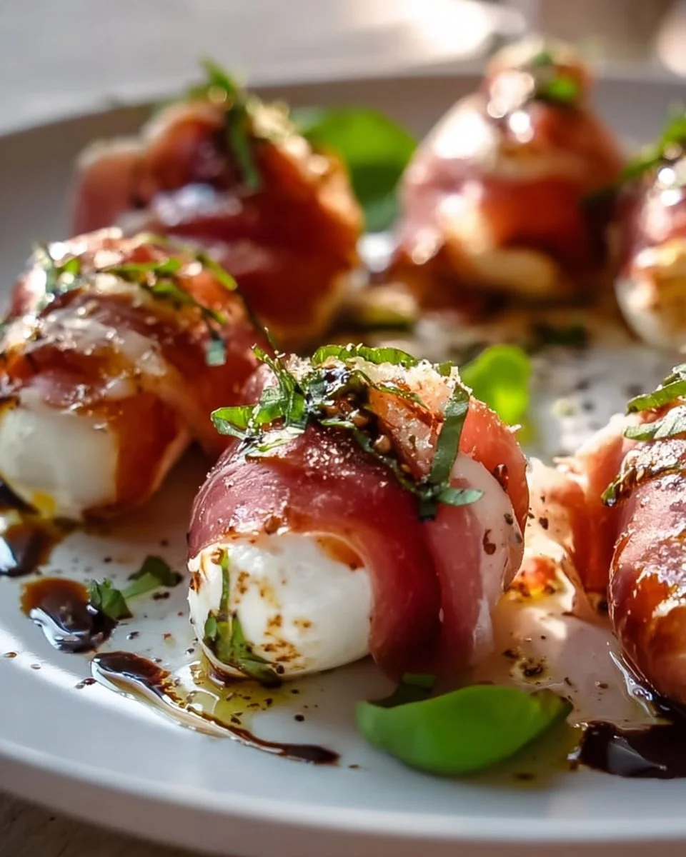 Leckere Rindfleisch-Häppchen mit Prosciutto und Mozzarella serviert auf Platte