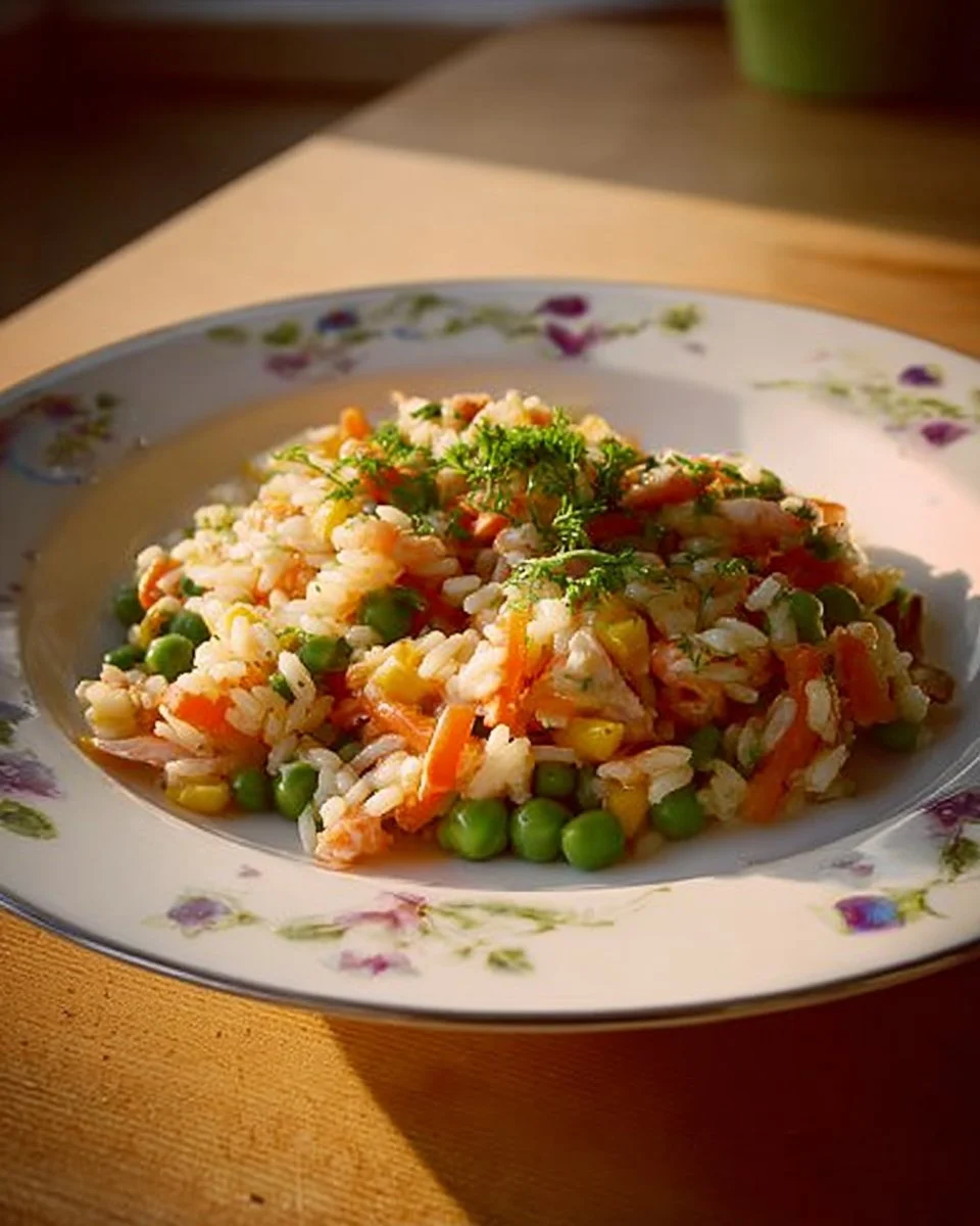 Leckeres Risotto mit Fisch in einer Schüssel serviert