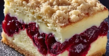 Saftiger Käsekuchen mit Kirschen und knusprigen Streuseln für einen perfekten Genuss