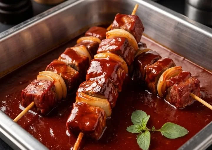 Köstliches Schaschlik wie vom Imbiss, serviert mit Gemüse und Saucen.