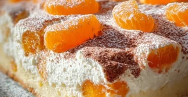 Schmandkuchen mit Mandarinen auf einem Teller serviert.