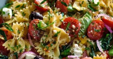 Schmetterlingspasta-Salat mit frischem Gemüse und Dressing.