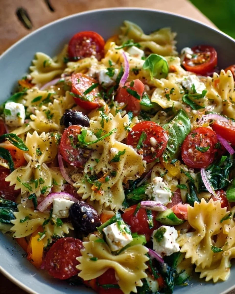 Schmetterlingspasta-Salat mit frischem Gemüse und Dressing.