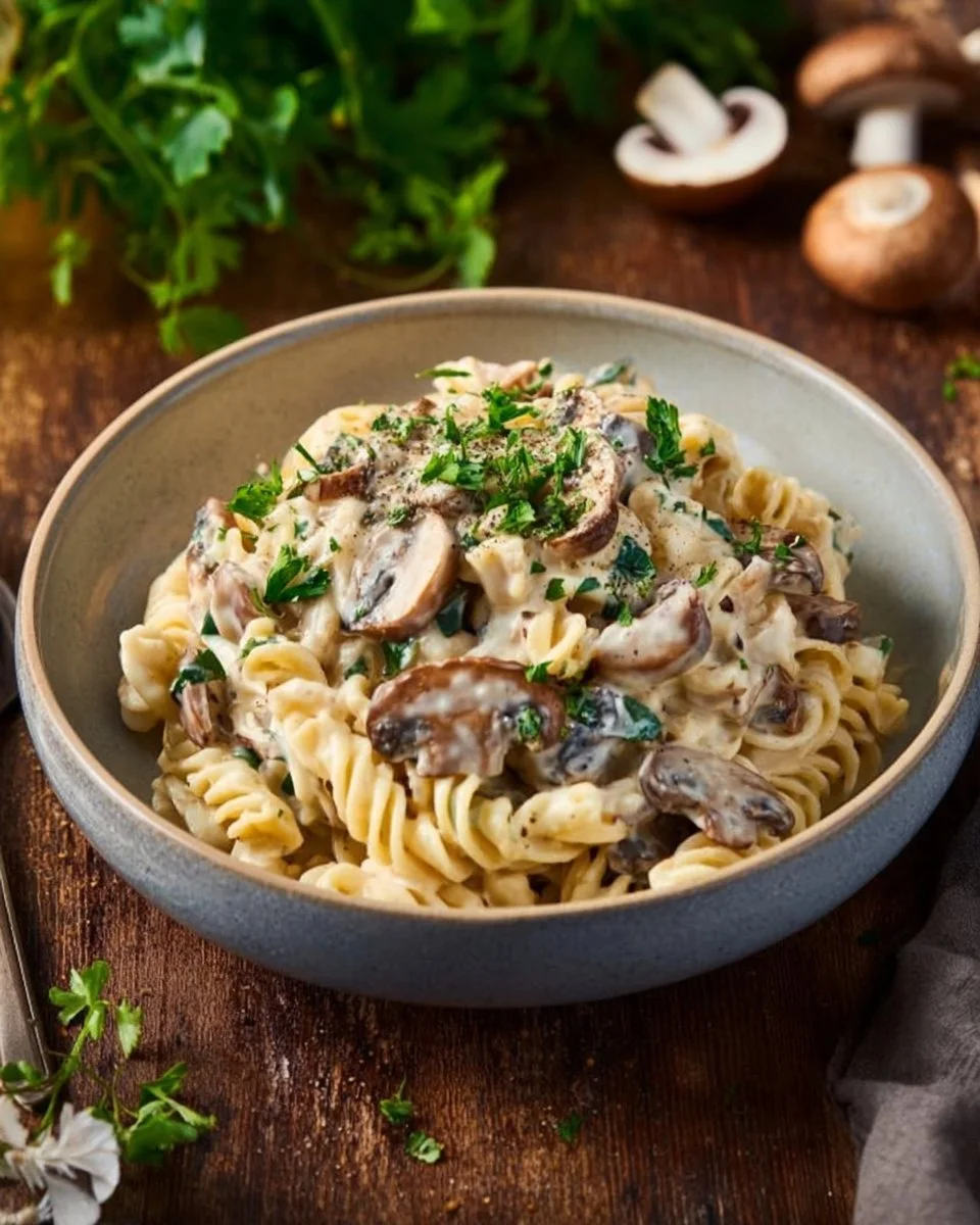 Schnelle Bärlauch-Pasta mit Feta und Champignons