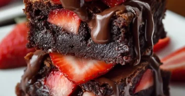 Leckere Schoko-Erdbeer-Brownies mit frischen Erdbeeren und Schokoladensoße