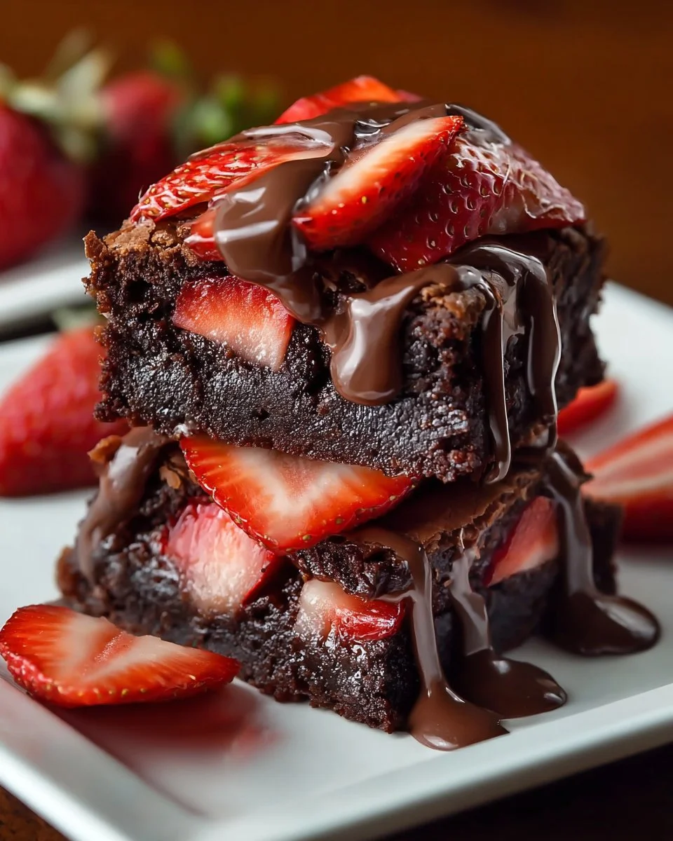 Leckere Schoko-Erdbeer-Brownies mit frischen Erdbeeren und Schokoladensoße