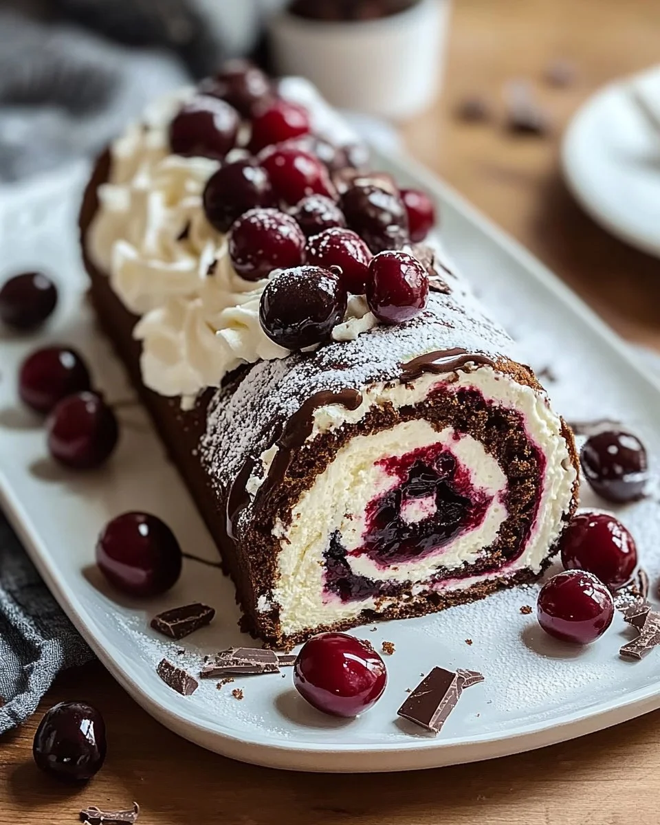 Schwarzwälder Kirschtorte Biskuitrolle mit Schokolade und Kirschen