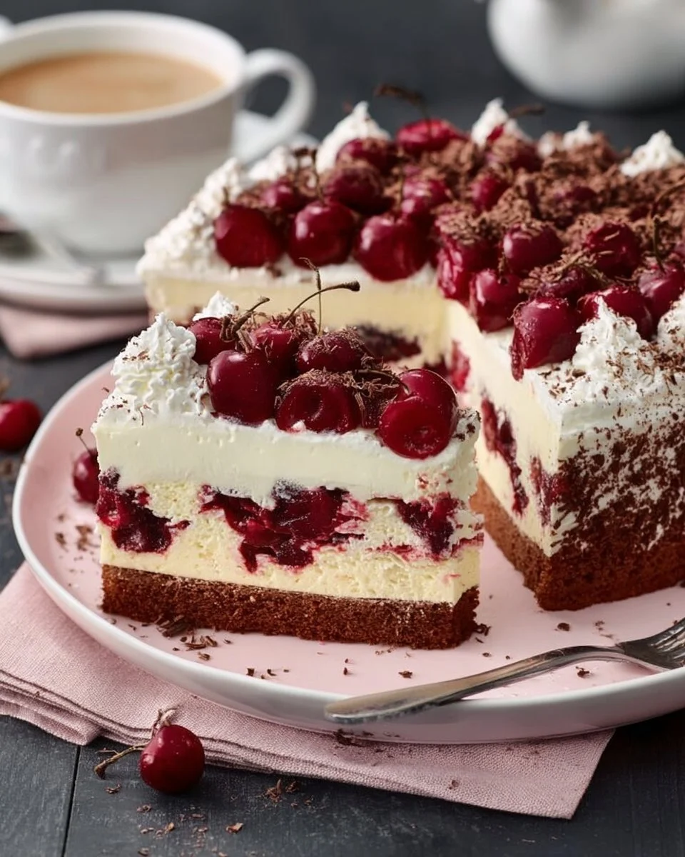 Schwarzwälder Kirschtorte vom Blech mit Kirschen und Sahne