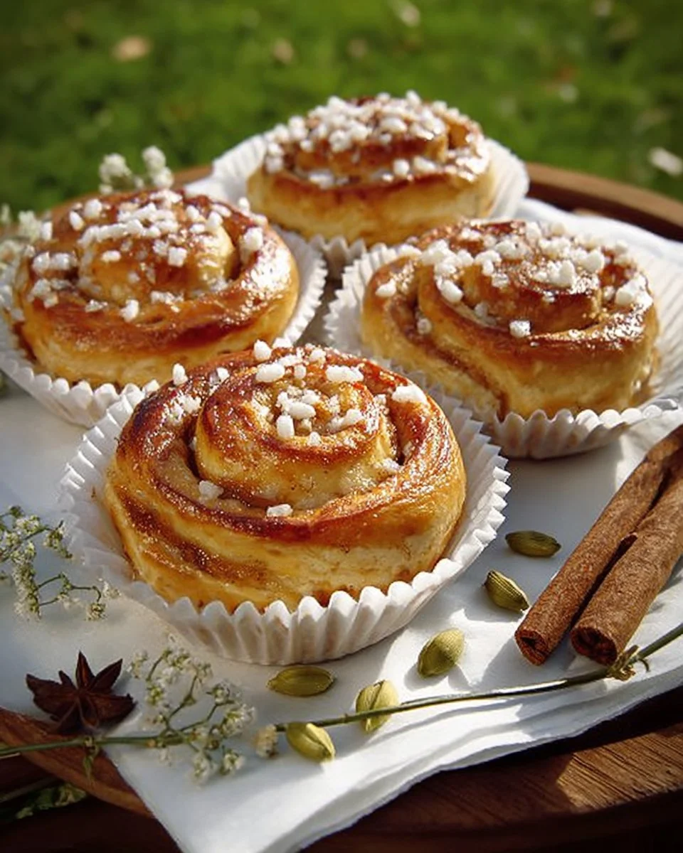 Schwedische Hefebun mit Zimt und Zucker, frisch gebacken auf einem Holztisch.